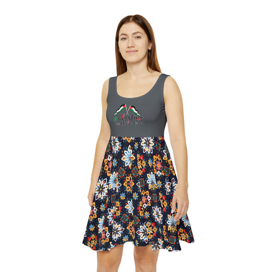 Dark Grey Mediterranean Pattern- Palestine Will be Free-Women's Skater Dress (AOP)